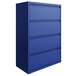 A classic blue Hirsh Industries lateral file cabinet with four drawers.