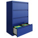 A blue Hirsh Industries four-drawer lateral file cabinet with a drawer open.