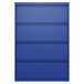 A blue Hirsh Industries four-drawer lateral file cabinet.