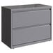 A Hirsh Industries grey metal lateral file cabinet with two drawers.