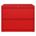 A red metal Hirsh Industries two-drawer lateral file cabinet.