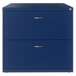 A navy blue Hirsh Industries lateral file cabinet with two drawers and silver handles.