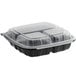 A Choice black plastic hinged container with clear lid and three compartments.