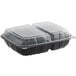 A Choice black plastic 2-compartment container with clear lid.