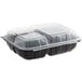 A Choice black plastic hinged container with 3 compartments and a clear lid.