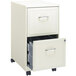 A Hirsh Industries pearl white mobile file cabinet with two drawers, one open.