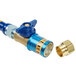 A blue Dormont gas connector with a brass fitting and swivel MAX fitting.