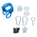 A blue hardware kit with a white disk with a hole in it and a blue rope with a screw.