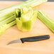 A Victorinox bird's beak paring knife next to a celery cut in half.