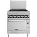 A white Vulcan 36" charbroiler with black knobs.