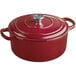 A Valor Merlot enameled cast iron Dutch oven with a lid and handle.
