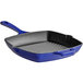 A Valor Galaxy Blue enameled cast iron square grill pan with a handle.