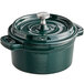 A Valor Bistro green enameled mini cast iron pot with a lid.