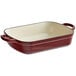 A red and white rectangular Valor enameled cast iron roasting pan and casserole dish.