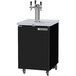 A black Beverage-Air beer kegerator with silver taps on a white counter.