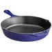 A Valor Galaxy Blue enameled cast iron skillet with a helper handle.