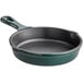 A Valor green enameled cast iron skillet with a handle.