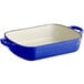 A blue and white Valor enameled cast iron roasting pan and casserole dish with handles.