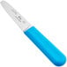 A Choice stainless steel clam knife with a blue handle.