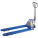 A blue Lavex pallet jack with a handle and wheels.