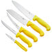 A Choice 5-piece knife set with yellow handles in a knife block.