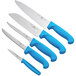 A group of four Choice kitchen knives with blue handles.