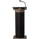 A ribbonwood Oklahoma Sound lectern with a microphone.