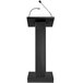 A black Oklahoma Sound lectern with microphones on top.