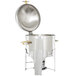 A Vollrath New York Sauce Chafer, a silver stainless steel container with a lid with brass trim.