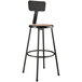 A black lab stool with a wooden seat.