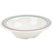 A white bowl with a pink rim.