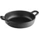 A black round faux cast iron melamine casserole pan with handles.