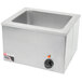 An APW Wyott stainless steel countertop food warmer with a black knob lid.