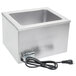 A silver stainless steel square countertop food warmer with a black cord.