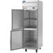 A silver metal Beverage-Air refrigerator / freezer with two open half doors.