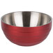 A red and silver Vollrath stainless steel double wall serving bowl with a beehive design.