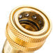 A gold colored T&S gas appliance connector hose with a metal nut.