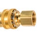 A brass T&S Safe-T-Link gas appliance connector with a nut.