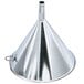 A silver stainless steel Vollrath funnel with a handle.
