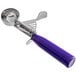 A purple metal ice cream scoop with a thumb press.