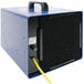 An OdorStop OS2500UV2 ozone generator with a blue box and yellow wires and a yellow cord.