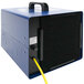 An OdorStop OS3500UV2 ozone generator in a blue box with a black handle and yellow cord.