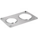 A stainless steel Choice steam table adapter plate with two holes, one 6 3/8" and one 8 3/8" wide.