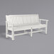 A white garden bench with a faux wood seat.