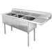 A stainless steel Advance Tabco commercial sink with three compartments and a right drainboard.
