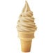 A soft serve ice cream cone with a swirl of soft serve ice cream.