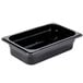 A black plastic Cambro food pan with a lid.