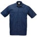 A navy blue short sleeve Mercer Culinary cook shirt with two pockets.
