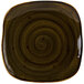 A brown Tuxton square china plate with a spiral pattern.