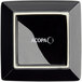 A black square Acopa stoneware plate in a black square box with the word Acopa in white.